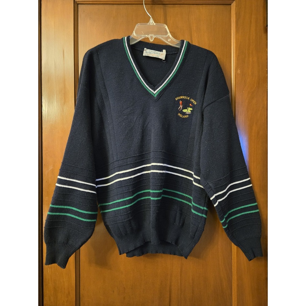 Vtg QUILLS Sweater Mens Large Blue Green V Neck Ireland Golf WOOLLEN MARKET READ